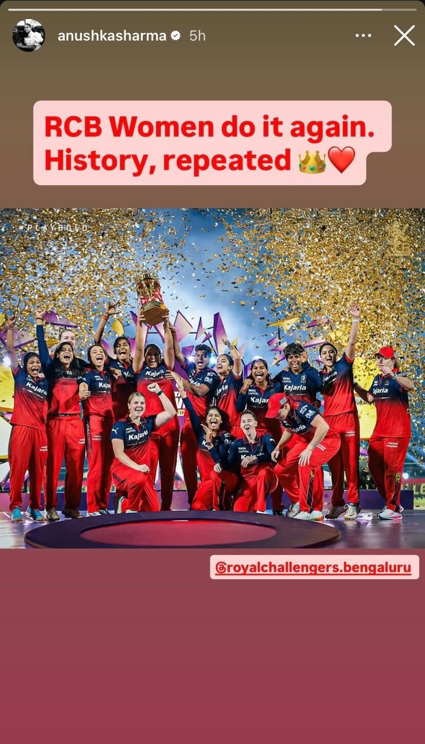 Anushka Sharma's post on RCB's victory in WPL 2026. Anushka Sharma's post on RCB's victory in WPL 2026.