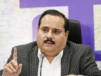Uttar Pradesh CEO Navdeep Rinwa at a press conference in Lucknow on Friday. (Deepak Gupta/HT)