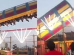 The video taken by an onlooker at Surajkund mela shows the ride operating at high speed when one side of its supporting pillars suddenly collapses