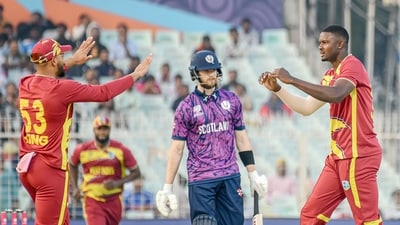Defending a target of 183 runs, West Indies bowled out Scotland for 147 runs in 18.5 overs. (Sudipta Banerjee ) Defending a target of 183 runs, West Indies bowled out Scotland for 147 runs in 18.5 overs. (Sudipta Banerjee )
