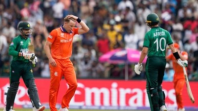 Netherlands' Logan van Beek sports a dejected face after being hit by Faheem Ashraf for 24 runs in the 19th over. Making the matter worse was the dropped catch by Max ODowd on the second delivery. (AP) Netherlands' Logan van Beek sports a dejected face after being hit by Faheem Ashraf for 24 runs in the 19th over. Making the matter worse was the dropped catch by Max ODowd on the second delivery. (AP)