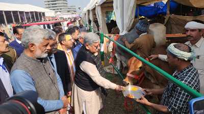 Union minister of fisheries, animal husbandry and dairying and panchayati raj Rajiv Ranjan Singh during the livestock exhibition in Kurukshetra on Saturday. (HT)