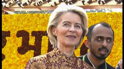 With the European Commission president Ursula Von Der Leyen, the showstopper at the R-Day spectacle, parading the grandeur of Indian brocades, it was but a befitting trailer to what the Surajkund Mela heralds. (PTI File) With the European Commission president Ursula Von Der Leyen, the showstopper at the R-Day spectacle, parading the grandeur of Indian brocades, it was but a befitting trailer to what the Surajkund Mela heralds. (PTI File)