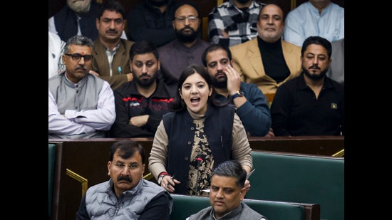 BJP MLA Devyani Rana speaking during the Budget session of the J&K Assembly in Jammu on Saturday. (PTI)