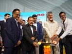 Andhra Pradesh chief minister N Chandrababu Naidu with Union minister Jitendra Singh and others lights a ceremonial lamp at the foundation event in Amaravati on Saturday. (HT PHOTO)