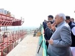 Bihar CM Nitish Kumar inspects construction work of Kacchi Dargah - Bidupur bridge in Patna, Sunday (SANTOSH KUMAR/HT)