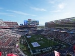 Feb 8, 2026; Santa Clara, CA, USA;  A general view during the playing of the national anthem before Super Bowl LX at Levi's Stadium. Mandatory Credit: Kirbetween the New England Patriots and the Seattle Seahawks by Lee-Imagn Images