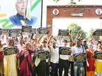 Guest teachers demonstrate in support of their various demands at JD(U) office in Patna (HT FILE)