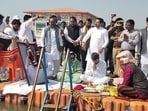 Jay Pawar immersing the ashes of his father and former Maharashtra deputy CM Ajit Pawar in Triveni Sangam on Sunday. (Anil Kumar Maurya/HT)