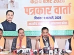 MP Rajiv Pratap Rudy addressing a press conference held at the BJP state office in Ranchi on the Union Budget 2026–27. (HT Photo)