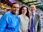 Mukesh Ambani with Nita Ambani and USA's ambassador to India Sergio Gor during the ICC Men's T20 World Cup 2026 cricket match between India and USA at the Wankhede Stadium in Mumbai. (X/USAmbIndia)