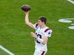 New England Patriots quarterback Drake Maye warms up for the first half of the NFL Super Bowl 60 football game against the Seattle Seahawks, Feb 8, 2026, in Santa Clara, California.