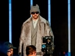 Bad Bunny, Grammy-award-winning singer and Super Bowl Halftime performer, entered the stage during a press conference at the Mascone Center during Super Bowl week at the Moscone Center Media Center,