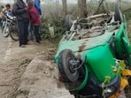 The overturned auto that left four dead and five injured in Dhaurahra kotwali area on Saturday night. (Sourced) The overturned auto that left four dead and five injured in Dhaurahra kotwali area on Saturday night. (Sourced)