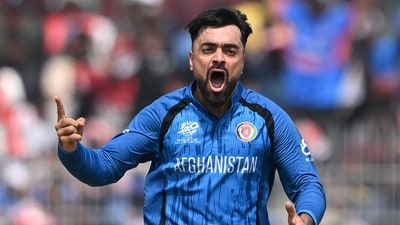 Captain Rashid Khan let out a roar as he broke through to dismiss Phillips, who inside edged onto his stumps. (AFP) Captain Rashid Khan let out a roar as he broke through to dismiss Phillips, who inside edged onto his stumps. (AFP)