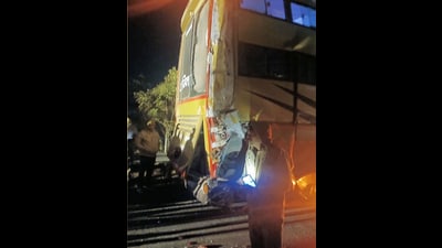 Six people were killed after a bus was rammed by a container truck on the Yamuna Expressway on Saturday. (PTI) Six people were killed after a bus was rammed by a container truck on the Yamuna Expressway on Saturday. (PTI)