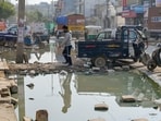 A flooded pit in Burari as seen on Saturday, February 7. (RAJ K RAJ /HT PHOTO)