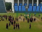 A huge crowd of cricketers during trials for the Ayodhya Cricket League. (Sourced)