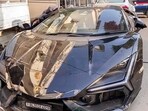 A view of a damaged Lamborghini car seized by the Gwaltoli police station. (ANI Video Grab)