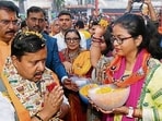 BJP national president Nitin Nabin being welcomed during his arrival at BJP office in Patna, Monday (SANTOSH KUMAR/HT)
