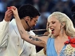 Lady Gaga and singer Bad Bunny perform during Super Bowl LX Halftime Show.