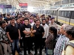 BJP MP Tejasvi Surya interacts with commuters at RV Road Metro Station over concerns regarding the proposed Bengaluru Metro fare revision.