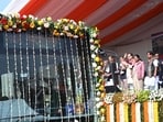 BJP National President Nitin Nabin with Delhi Chief Minister Rekha Gupta and  Delhi cabinet ministers at an event to flag off 500 new electric vehicle (EV) buses at Ramlila Maidan in New Delhi, India, on Sunday, February 8, 2026.