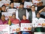 Former Bihar CM Rabri Devi with RJD and CPI-ML MLCs demonstrate during Budget Session outside Bihar Legislative Council in Patna, Monday (SANTOSH KUMAR/HT)