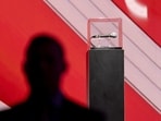 A microphone, which was used by Charlie Kirk at Utah Valley University on the day he was killed, is displayed