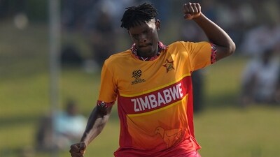 Richard Ngarava picked up two wickets in his return spell and ensured that Oman were bundled out for 103 runs. (AP) Richard Ngarava picked up two wickets in his return spell and ensured that Oman were bundled out for 103 runs. (AP)