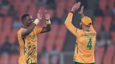 Canada’s chase got off to a nightmare start when captain Dilpreet Bajwa fell on the very first delivery, edging Lungi Ngidi behind to Quinton de Kock and setting the tone for a difficult chase. (AP) Canada’s chase got off to a nightmare start when captain Dilpreet Bajwa fell on the very first delivery, edging Lungi Ngidi behind to Quinton de Kock and setting the tone for a difficult chase. (AP)
