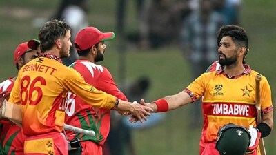 Taylor walking off due to a hamstring issue meant Sikandar Raza walked out into the middle. Along with Brian Bennett, Raza took Zimbabwe home with eights remaining. (AFP) Taylor walking off due to a hamstring issue meant Sikandar Raza walked out into the middle. Along with Brian Bennett, Raza took Zimbabwe home with eights remaining. (AFP)