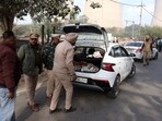Bathinda police checks vehicle on Day 1 of Operation Prahaar 2.0 on Monday. (Sanjeev Kumar/HT)