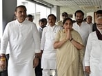 Deputy CM Sunetra Pawar with senior NCP leaders Praful Patel, Sunil Tatkare, Chhagan Bhujbal, and her son Parth Pawar at Mantralaya on Tuesday. (Anshuman Poyrekar/HT Photo)
