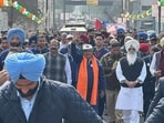 Governor Gulab Chand Kataria with Dera Beas head Gurinder Singh Dhillon, state BJP working president Ashwani Sharma and BJP leader Rana Gurmeet Sodhi during the Drug-Free, Vibrant Punjab march in Ferozepur on Tuesday. (HT Photo)