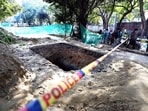 FILE: Spot where a biker lost his life after falling into an uncovered pit at an under-construction Delhi Jal Board pipeline site at Professor Joginder Singh Marg, Janakpuri in New Delhi. (Photo by Arvind Yadav/ Hindustan Times)