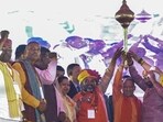 UP chief minister Yogi Adityanath during a programme at Ram Janaki temple in Barabanki on Tuesday. (PTI)