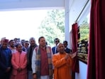 Uttarakhand Chief Minister Pushkar Singh Dhami and Uttar Pradesh Chief Minister Yogi Adityanath at the inauguration of the newly constructed two-storey building at Inter College Yamkeshwar. Officials and local residents attended the programme.