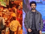 Kartik Aaryan was spotted shooting at the Laxmi Nagar Metro Station on Monday.
