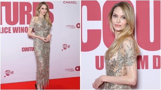 Angelina Jolie dazzles in a sheer gown at the Couture premiere. (Instagram/@justjared)