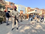 Police deployed outside one of the Chandigarh school that received a bomb threat