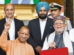 Chief minister Yogi Adityanath and the state’s finance minister Suresh Khanna before the presentation of the Uttar Pradesh budget, in Lucknow on Wednesday. (Deepak Gupta/HT Photo)