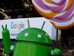 An Android character is displayed at Google headquarters in Mountain View, California.