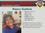 This image provided by the Pima County Sheriff's Department on Feb. 2, 2026, shows a missing person alert for Nancy Guthrie. 