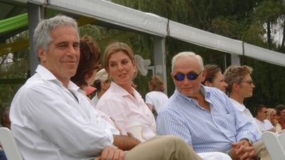 Leslie Wexner (R) pictured with Jeffrey Epstein in an image released by the US Department of Justice.