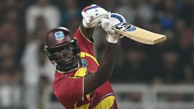 Jason Holder came in towards the death overs, and hit 3 towering sixes in a rapid knock of 33(17) to provide late impetus. He helped ensure the Windies could push on and reach a total of 196/6. (AFP)