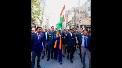 Punjab governor Gulab Chand Kataria during a march in Ferozepur on Wednesday. (HT Photo) Punjab governor Gulab Chand Kataria during a march in Ferozepur on Wednesday. (HT Photo)