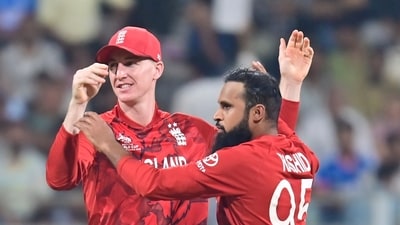 The pick of England's bowlers was Adil Rashid – although he only took one wicket, he only conceded 16 runs, and looked to be in sensational rhythm. However, Will Jacks, Sam Curran, Jofra Archer were extremely expensive, meaning WI could afford to play out the strike leg-spinner safely. (Anshuman Poyrekar/HT Photo)