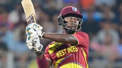 West Indies innings was given backbone by Sherfane Rutherford, who showed excellent composure and sense in how he built his innings from a tricky position. After consolidating alongside Roston Chase (33), he began to explode, striking 7 sixes during a terrific innings of 74*(42). (Anshuman Poyrekar/HT Photo)
