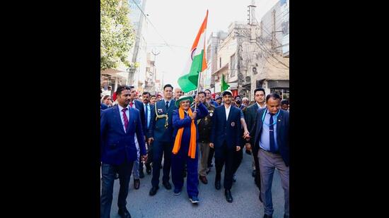 Punjab governor Gulab Chand Kataria during a march in Ferozepur on Wednesday. (HT Photo)